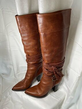Vince Camuto Cognac Leather Braided-Accent Knee Boots